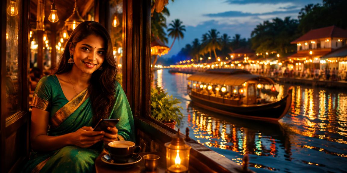 Kerala backwaters mobile payment scene with woman in saree